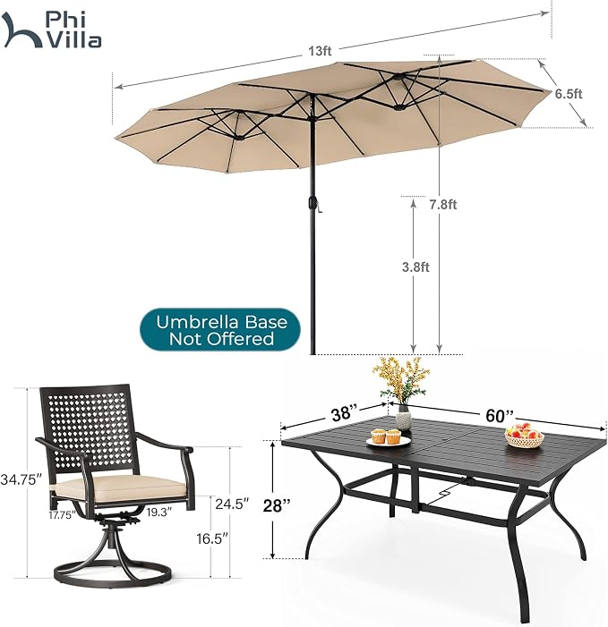 PHI VILLA Outdoor Table Chairs Set for 6, Patio Metal Furniture w/Umbrella | 60" wrought iron rectangle table & swivel chairs w/ cushions. 13ft beige umbrella. 7 pcs furniture set for deck, porch