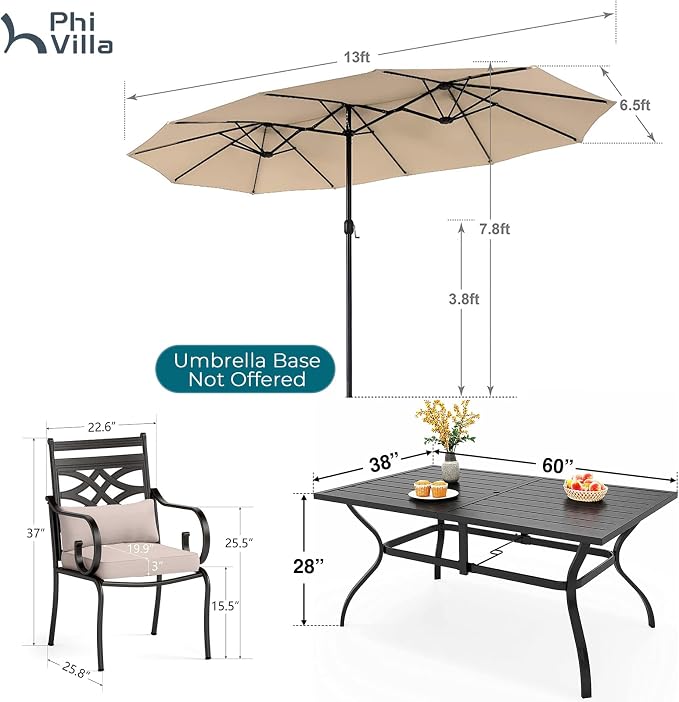 PHI VILLA 6 Piece, Outdoor Dining Set, Rectangular Metal Table,Umbrella | 15ft Umbrella, Beige