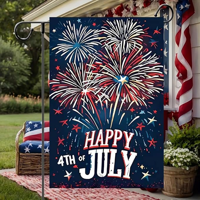 Happy 4th of July Garden Flag 12x18 Double Sided, Burlap Fireworks Independence Day Garden Flag Fourth of July Outdoor Decorations, Small Decorative Patriotic Yard Flags for Outside Lawn Porch Decor