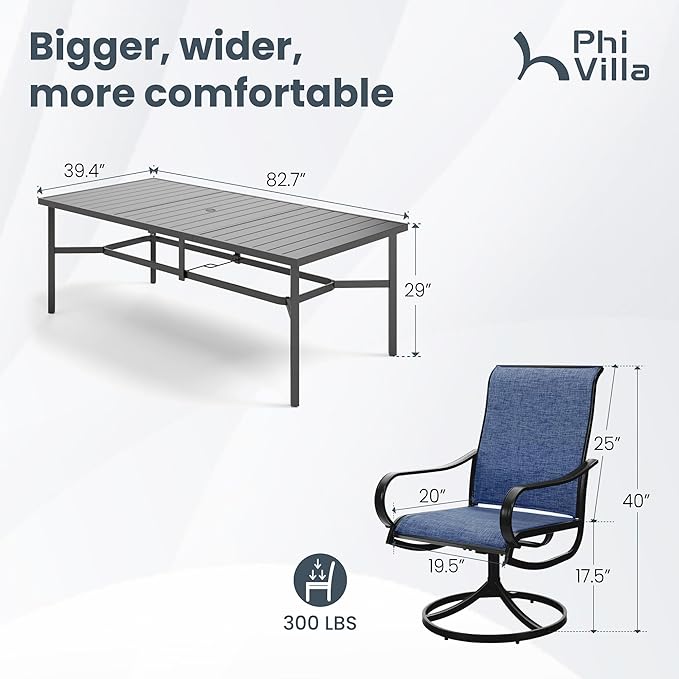 PHI VILLA 9 Piece Patio Table and Chairs Set for 8 Person, 82'' Rectangle Metal Slat Table and 8 Swivel Patio Chairs, All Weather Outdoor Dining Set for Deck Garden Yard (Blue)