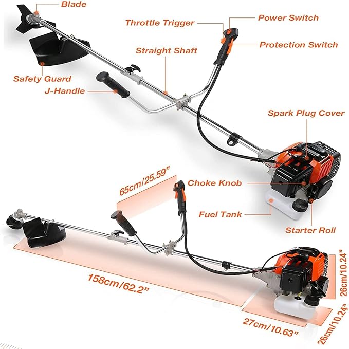 COOCHEER 58cc Weed Wacker, 4 in 1 Brush Cutter Gas Powered, 2-Cycle String Trimmers Gas Brush Cutter Straight Shaft Gas Grass Trimmer for Lawn and Garden Care Trimming, Red