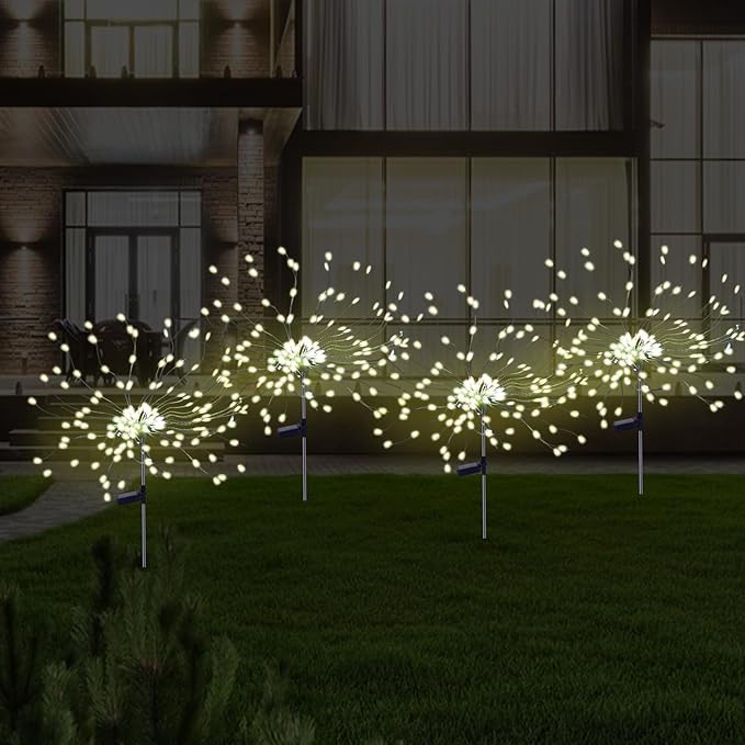 PXBNIUYA 2 Pack Solar Firework Lights Outdoor, 175 LED Garden Lights with 2 Modes, Waterproof DIY Copper Wire Solar Starburst Light for Yard Wedding Patio Halloween Christmas Decor(Warm White)