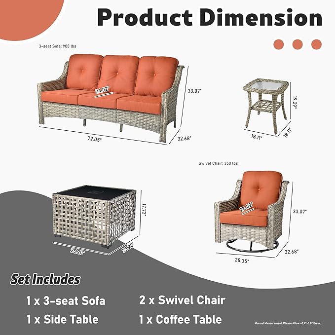 ovios 5 Piece Outdoor Patio Furniture with 3 Seat Sofa,Rattan Wicker Coversation Set with Swivel Rocking Chair,Balcony Sofa Set with Shiny Table for Outside Porch Backyard Pool, Red
