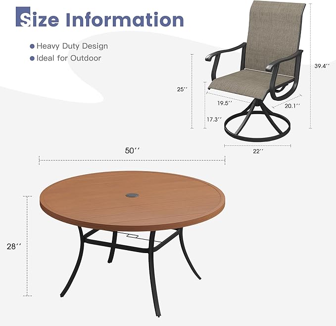 VICLLAX 7 Pieces Outdoor Dining Set, Patio Furniture Set of 6 Patio Swivel Dining Chairs and 50" Patio Round Table, Mixed Brown Chairs & Walnut Tabletop