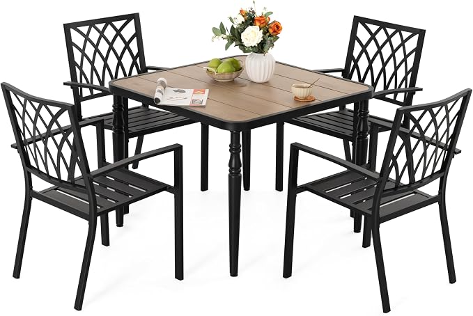 NUU GARDEN 5-Piece Outdoor Dining Set for 4, 37" Square Metal Table with Wood-Grain Top & Umbrella Hole, 4 Stackable Chairs, Weather-Resistant Furniture for Patio Deck Yard Garden, Black