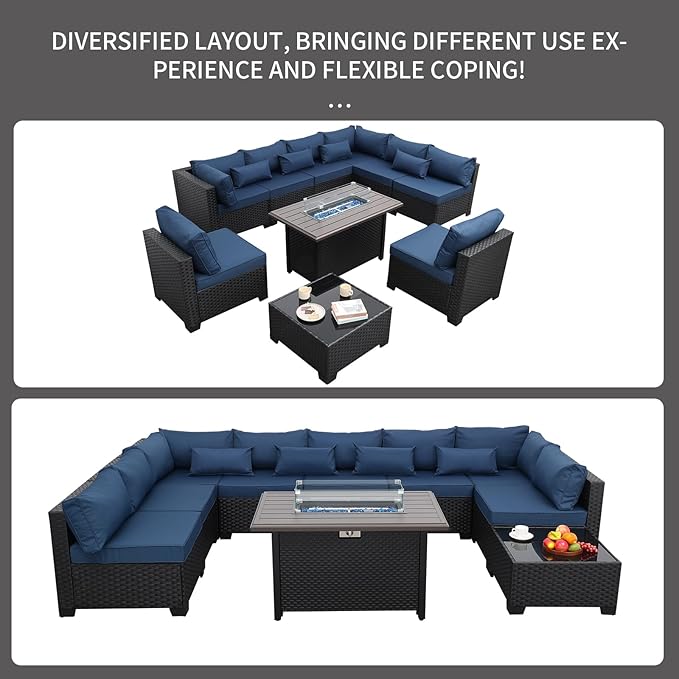10 Pieces Outdoor Sectional All-Weather Wicker Patio Furniture Set Patio Sectional and Steel Fire Table and Glass Patio Table Non-Slip Cushions and Waterproof Covers, Navy Blue