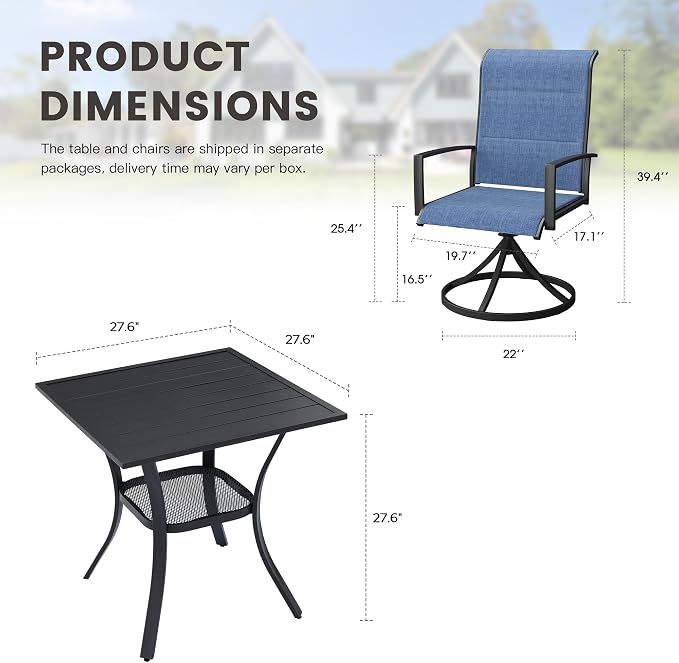 Outdoor Dining Set for 2, 28" Metal Square Outdoor Dining Table and Padded Textilene Patio Swivel Chairs, 3 Pieces Patio Table and Chairs Set for Garden Backyard, Dark Blue and Black