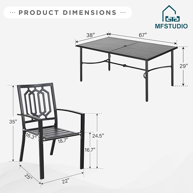 MFSTUDIO Outdoor Dining Set for 6, Metal Patio Table and Chairs Set with Umbrella Hole, 7 Piece Outdoor Patio Furniture Set for Deck Backyard Poolside Garden