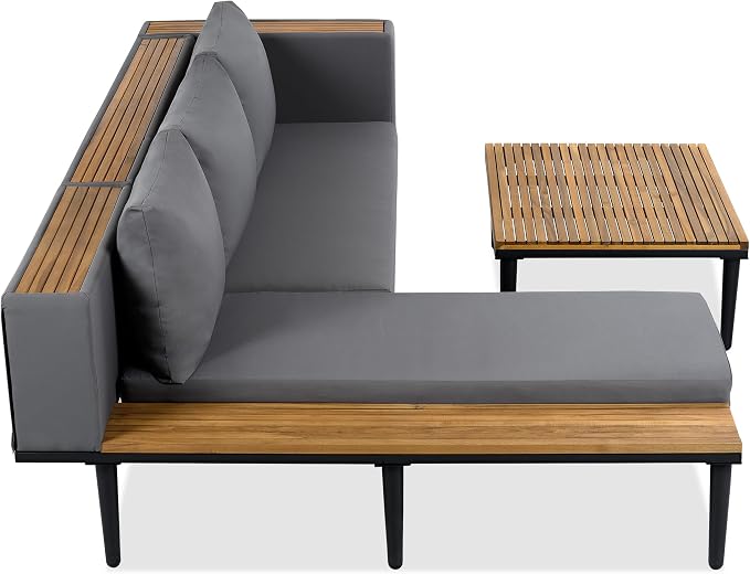 L-Shaped Outdoor Sofa Set with Removable Cushions, Acacia Wood Sectional Sofa Set with Coffee Table & Side Table, Conversation Furniture Set for Porch Backyard Balcony Deck Poolside, Gray