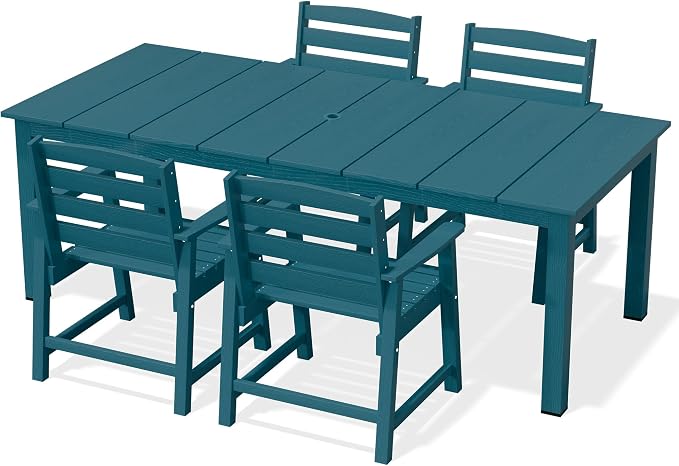 AreShark 5-Piece Outdoor Dining Set,HDPE Patio Table with 4 Chairs,All-Weather Patio Furniture Set with Umbrella Hole,Low Maintenance Wood Grain Dining Set for Backyard,Garden,Poolside,Navy Blue