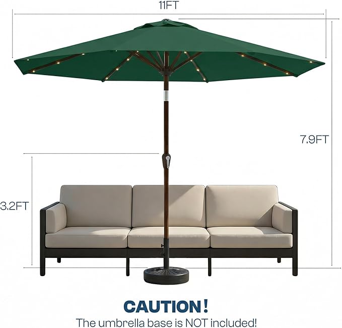 11FT Solar Patio Umbrella with Lights, Outdoor Table Market Umbrella with 32 LED Lights, 8 Sturdy Ribs, Smooth Crank Lift for Pool, Deck and Garden, UV-Resistant