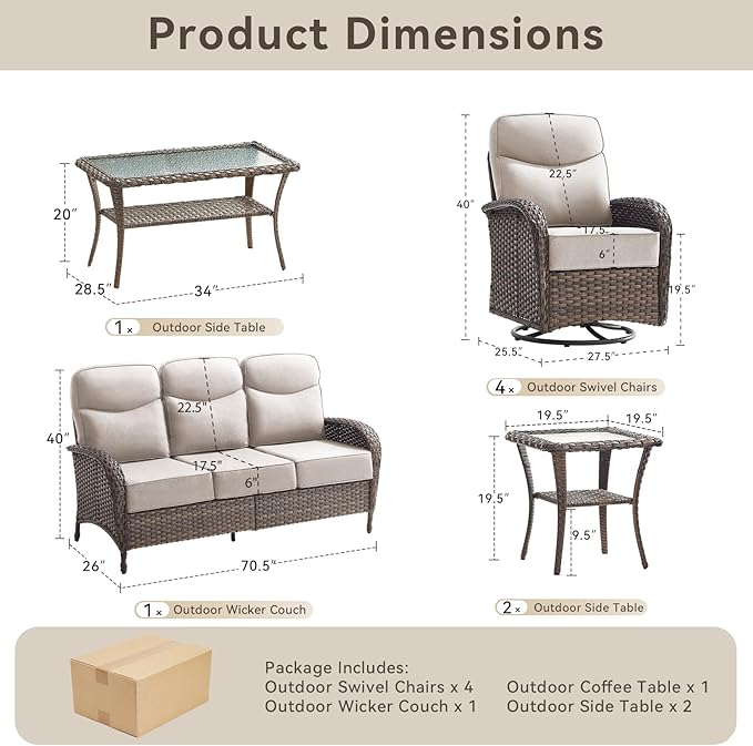 8 Pieces Luxury Outdoor Patio Furniture Set with 6-Inch Thick Cushions, Wicker Outdoor Furniture with High Back Swivel Patio Chairs Set of 4, Patio Conversation Set for Deck Garden Porch, Beige