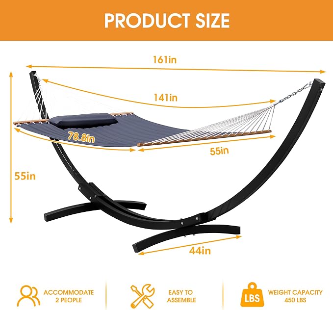 Lazy Daze Hammocks Outside Quilted Hammock with 13 FT Curved Steel Heavy Duty Stand and Pillow for Outdoor, Backyard, Patio, 450 Lbs Capacity, Grey