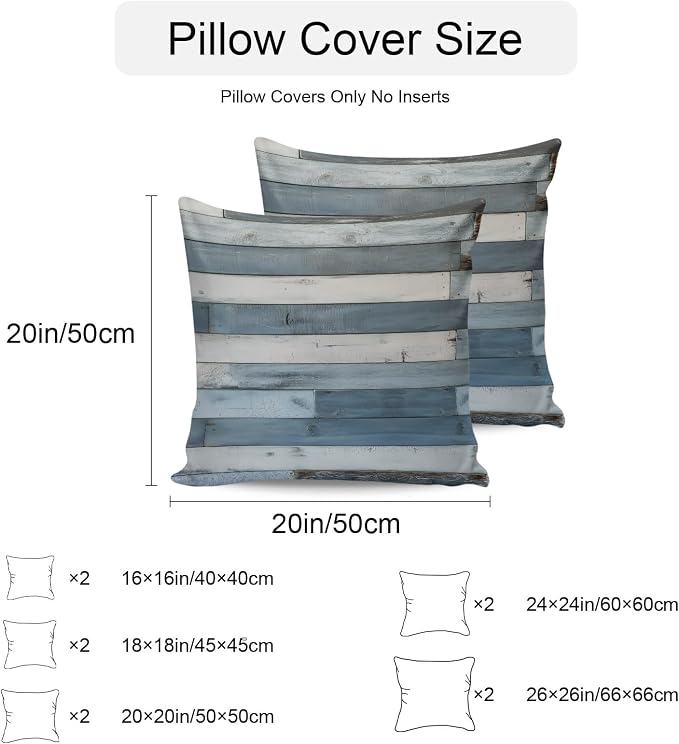 Vintage Blue Farmhouse Outdoor Pillow Covers Waterproof, All Weather Cushion Case Set of 2, Retro Wooden Country Decorative Pillowcases for Sofa Couch Bed Decor Patio Furniture 16"x16"