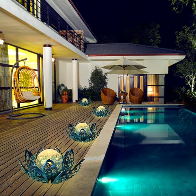 Afirst Solar Lights Outdoor, Lotus Lamp Metal Glass Crackle Solar Lantern Valentine's Day Gift Decorative Waterproof Landscape Path Light for Patio,Lawn,Walkway,Tabletop,Pathway Garden Decor