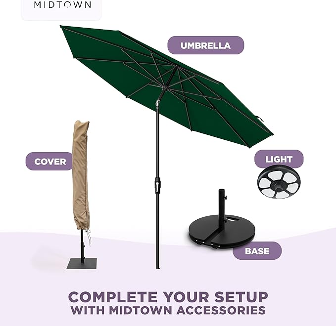 Midtown Umbrellas – The Swilt 10 Ft Patio Umbrella with 360° Swivel & Tilt Mechanism, Sunbrella Fabric & 8 Fiberglass Ribs – Outdoor Umbrella for Deck, Pool & Cafes – Forest Green Canopy, Black Pole
