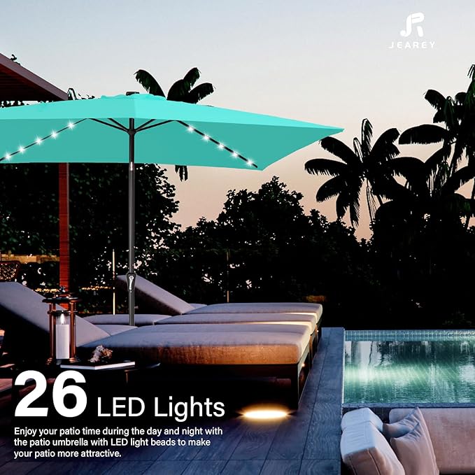 JEAREY 6.5x10 ft Rectangular LED Lighted Patio Umbrellas Outdoor Solar Table Market Umbrella w/Push Button Tilt/Crank, 6 Sturdy Ribs, UV Protection Waterproof Sunproof(Teal)