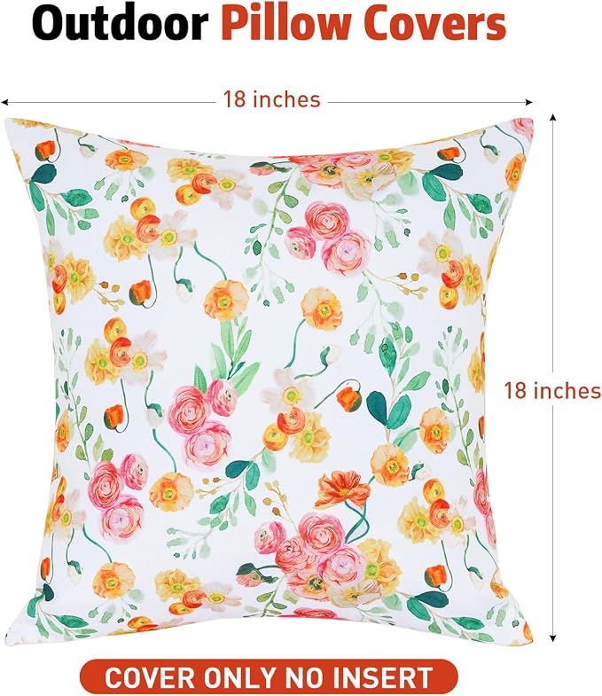 SquarePie Outdoor Pillow Covers 18x18 Inch Set of 2 - Waterproof Rose Square Cushion Covers for Patio Garden Furniture, Watercolor Florals Throw Pillow Cases for Couch Sofa Balcony Bench