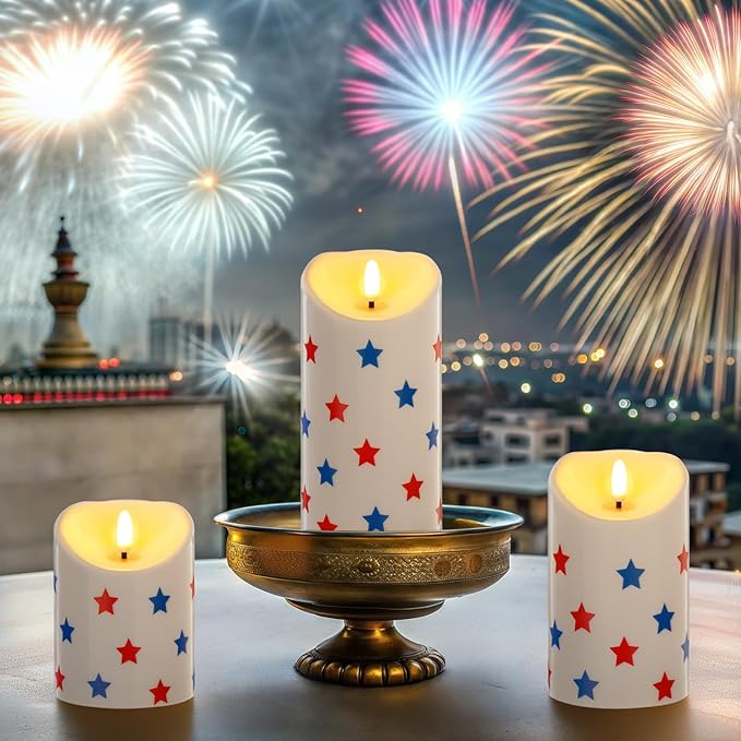 Tuanse Set of 3 4th of July Flameless Candles Battery Operated Patriotic Red & Blue Pentagram Pillar Candles, Mixed Size LED Light Candle for 250th Anniversary Independence Memorial Day Table Decor