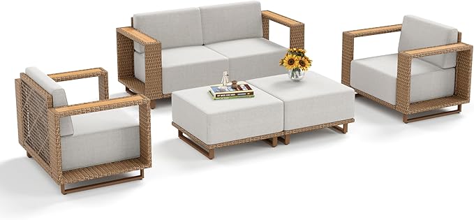Outdoor Patio Furniture Set, 6 Piece Outdoor Rattan Wicker Couch Set, Conversation Sets with 2 Single Sofas, 2 Armchairs and 2 Ottomans for Deck Backyard Lawn