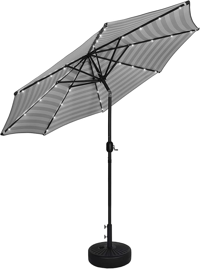 WO Home Furniture 9 Ft Patio Solar Power LED Lights Market Umbrella with Black Color Round Free Standing Weight Base kit, Black/White