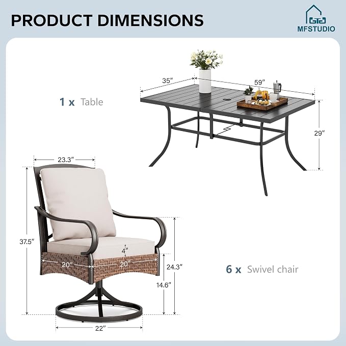 MFSTUDIO Outdoor Patio Dining Set for 6, Outdoor Table and Chairs for 6, Patio Rectangular Metal Table with Swivel Chairs, 7 Pieces Outdoor Dining Furniture Set, 1.57-1.9'' Umbrella Hole