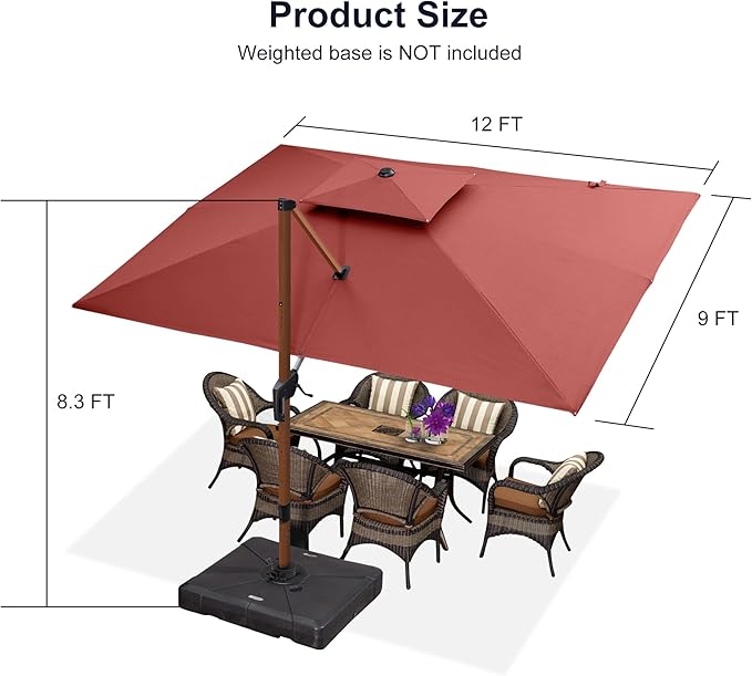PURPLE LEAF 9' X 12' Double Top Deluxe Wood Pattern Rectangle Patio Umbrella with Base Offset Hanging Umbrella Outdoor Market Umbrella Garden Umbrella, Brick Red