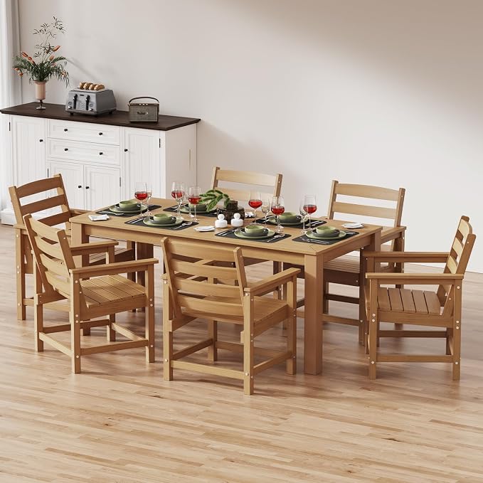 Outdoor HDPE Dining Table Set 7-Piece, All-Weather Outdoor Table and Chairs with Umbrella Hole Cut-Out, Patio Furniture for Garden, Backyard, Deck (Teak)