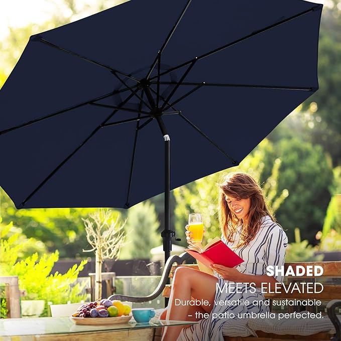wikiwiki 10 FT Patio Umbrellas Outdoor Table Market Umbrella with Push Button Tilt/Crank, 8 Sturdy Ribs, Fade Resistant Waterproof POLYESTER DTY Canopy for Garden, Lawn, Backyard & Pool, Navy Blue
