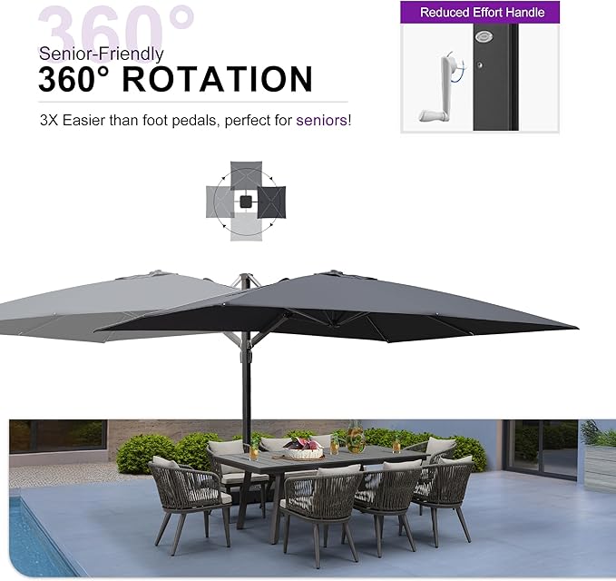 PURPLE LEAF 10' X 13' Rectangle Patio Umbrella with Wheeled Base Large Windproof Offset Hanging Outdoor Umbrella Cantilever Umbrella for Pool Outdoor Patio Grey