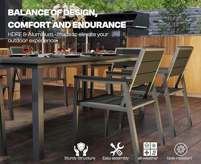 Outdoor Dining Set for 6 with 15FT Umbrella, Aluminum & HDPE Outdoor Table and Chairs, Weather-Resistant All-Season Backyard, Deck & Patio Dining Furniture with 2" Umbrella Hole (Grey)
