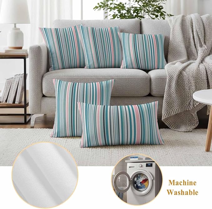 Outdoor Waterproof Throw Pillow Covers Set of 2 Turquoise Blue Striped Pillowcases 26x26 Inches Geometric Pink Stripes Decorative Pillows Cushion Case Patio Pillows for Couch Bed Chair Garden