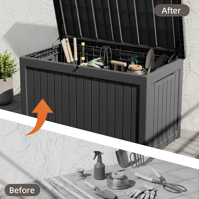 260 Gallon Outdoor Deck Storage Box, Heavy Duty All Weather Vertical Wood Grain Lockable Storage Container for Backyard, Poolside & Large Patio Outdoor Supplies (Black,260GAL)