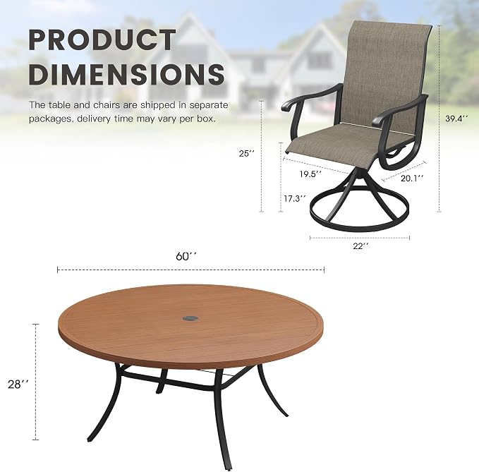 Outdoor Dining Set for 8, 60" Metal Round Outdoor Dining Table with Umbrella Hole and Sling Patio Swivel Chairs, 9 Pieces Patio Table and Chairs Set for Garden Backyard, Mixed Brown and Walnut