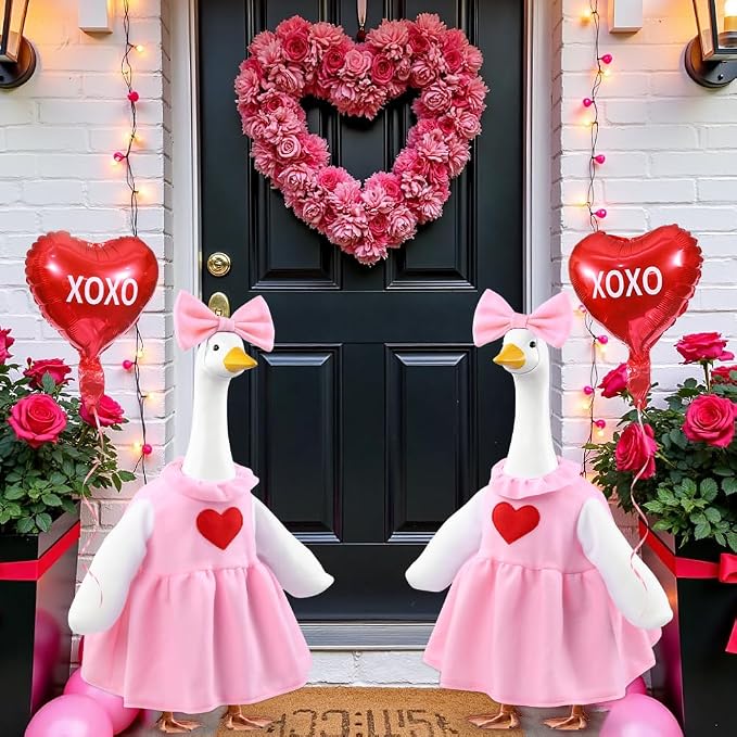 Valentine's Day Goose Outfit with Balloon for 23" Porch Goose Holiday Pink Red Heart Cloths Costume Valentines Party Outdoor Garden Patio Yard Lawn Art Decoration