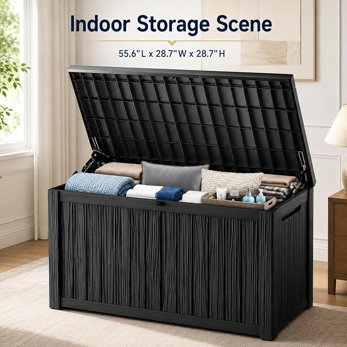 Outdoor Deck Patio Storage Box - 200 Gallon Large Outdoor Deck Box, Plastic Storage Bin with Lid, Outside Toy Box & Pool Storage Container for Cushions, Garden Tools, Towel, Black