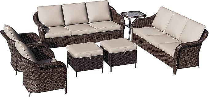 7 Piece Patio Wicker Conversation Set, 2 All-Weather Use Outdoor Wicker Sofa with 2 PE Rattan Ottomans,2 Chair, 1 Side Table, Ideal for Porch, Backyard, Balcony, Poolside, Beige