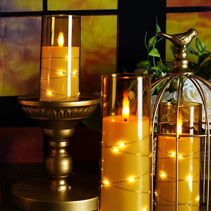 kakoya Flameless LED Candles with Timer 5 Pc Flickering Flameless Candles for Romantic Ambiance and Home Decoration Stable Acrylic Shell,with Embedded Star String,Battery Operated Candles(Gold)