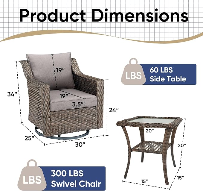 3 Pieces Wicker Patio Furniture-All-Weather Wicker Swivel Patio Chairs with Side Table Patio Bistro Sets for Deck Balcony Poolside Backyard-Brown/Grey