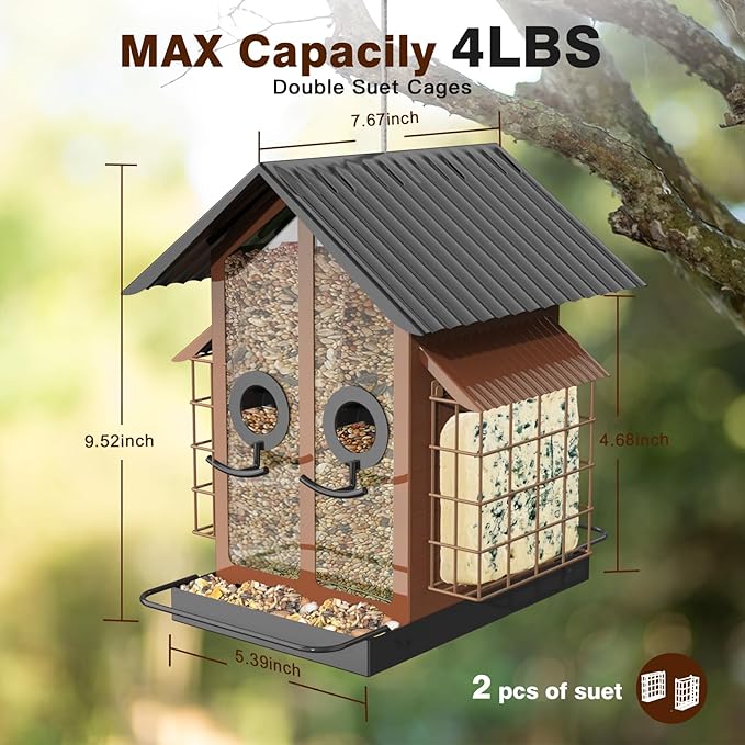 FlowaFoli Bird Feeders for Outdoors, Metal Bird Feeder with Double Suet Cage Weatherproof Metal Roof, 2 in 1 Mixed Seeds Suet Feeder, 4Lbs Large Capacity, Great for Finch、Cardinal、Chickadee(Brown)
