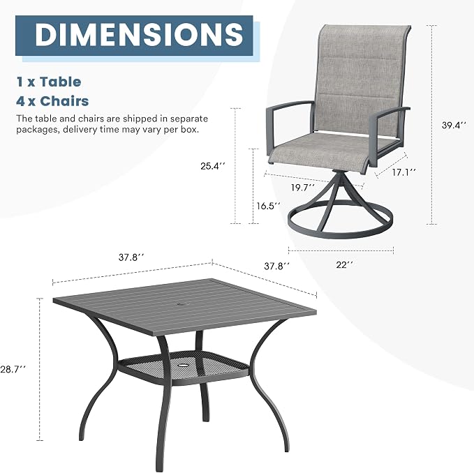DIFY 5 Piece Outdoor Patio Dining Set for 4, 37.8" Square Metal Dining Table and Swivel Patio Chairs with Padded Textilene, All-Weather Outdoor Furniture Set for Garden Backyard Porch, Grey
