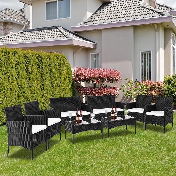 4 Piece Outdoor Patio Furniture Set, Wicker Rattan Patio Conversation Set with Loveseat Soft Cushion and Coffee Table for Garden, Backyard, Balcony, Porch, Yard and Poolside, Black