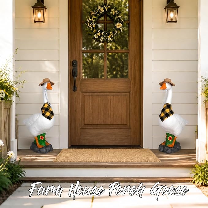 PARTYGEARS 23" Porch Goose Statue with Accessories, Hollow Plastic Garden Decor, Adjustable Neck, Sand-Fillable Base with Straw Hat & Yellow Scarf – Outdoor Decorations for Yard, Lawn Decor