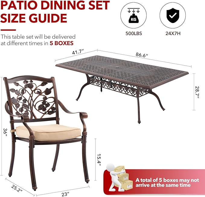 9 Piece Strawberry Outdoor Dining Set Cast Aluminum Retro Patio Dining Set for 8 Includes 86.6’’ Rectangular Table and 8 Chairs with Thicker Cushion and Umbrella Hole for Patio Deck Garden