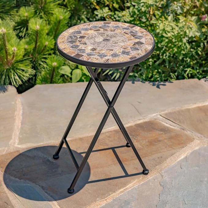 Mosaic Tile Furniture with Black Metal Frame and Patterned Tile Tops (St. Augustine - Black/Stone/Brown, Folding Accent Table)