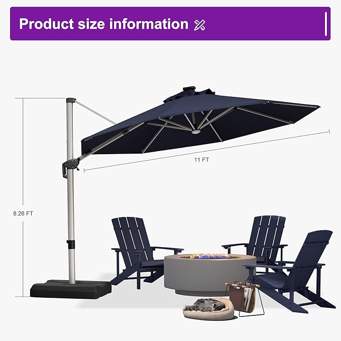 PURPLE LEAF Cantilever Umbrella with base 11ft Outdoor Round Patio Solar Powered LED Umbrella with 360-degree Rotation for Garden Deck Pool Patio, Navy Blue
