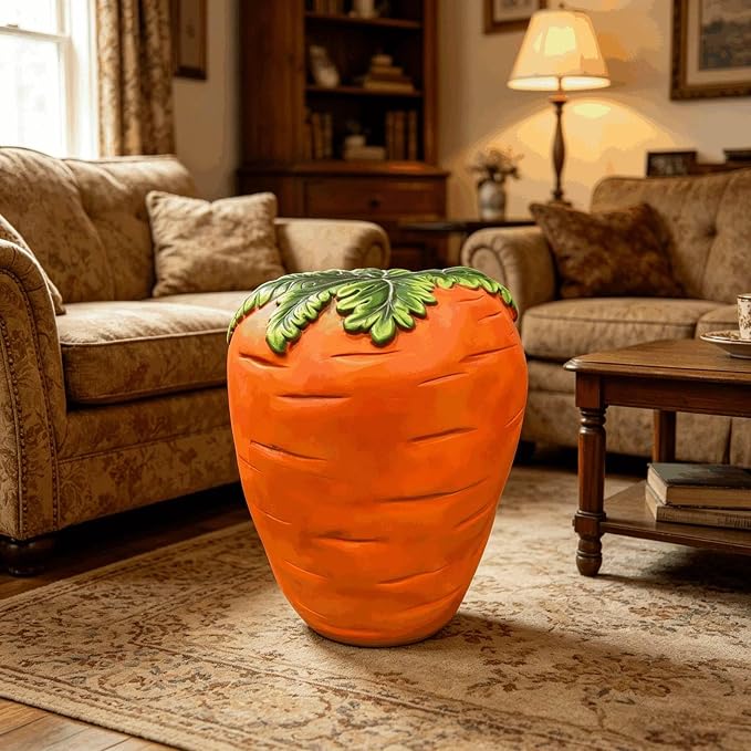 Carrot Shaped Resin Stool Side Table 16" Outdoor Garden Decor Plant Stand | Vivid orange textured body, green leaf lid top, stable rounded base, wipe-clean surface, portable 12 lbs