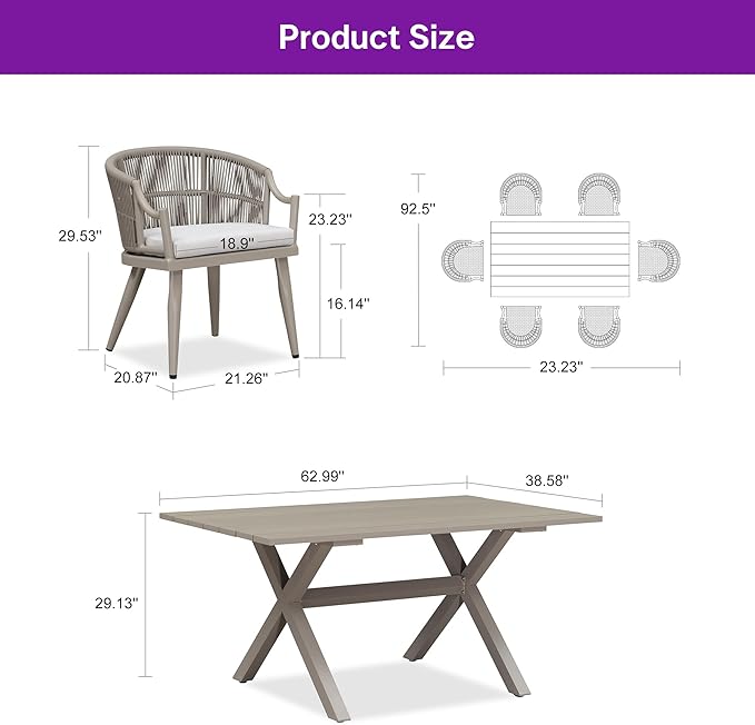 PURPLE LEAF Outdoor Dining Set for 6 with Waterproof Furniture Cover All Weather Patio Dining Set with Rectangular Aluminum Table and Wicker Dining Chairs for Garden Deck Backyard Kitchen, Champagne