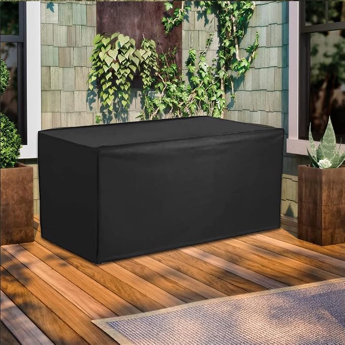 SUNSURE Deck Box Cover Heavy Duty Waterproof Outdoor Ottoman Bench Cover for Keter Large Deck Boxes Rectangular Storage Box Cover with Drawstring and Zipper (51x23x28in)