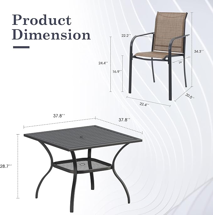 5 Pieces Outdoor Dining Set, Stackable Textilene Paito Chairs & 37.8" Square Dining Table with Umbrella Hole and Shelf, Patio Dining Set for Backyard, Deck, Garden, Brown & Black